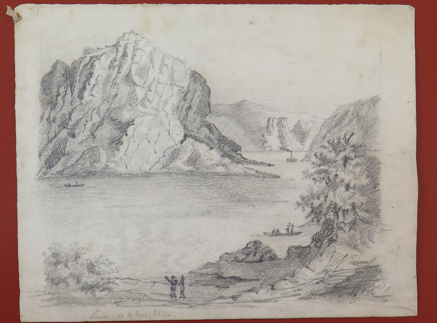 ALPINE LAKE LANDSCAPE ANTIQUE DRAWING ALPS MOUNTAINS LAKE PAINTING BM53.5b