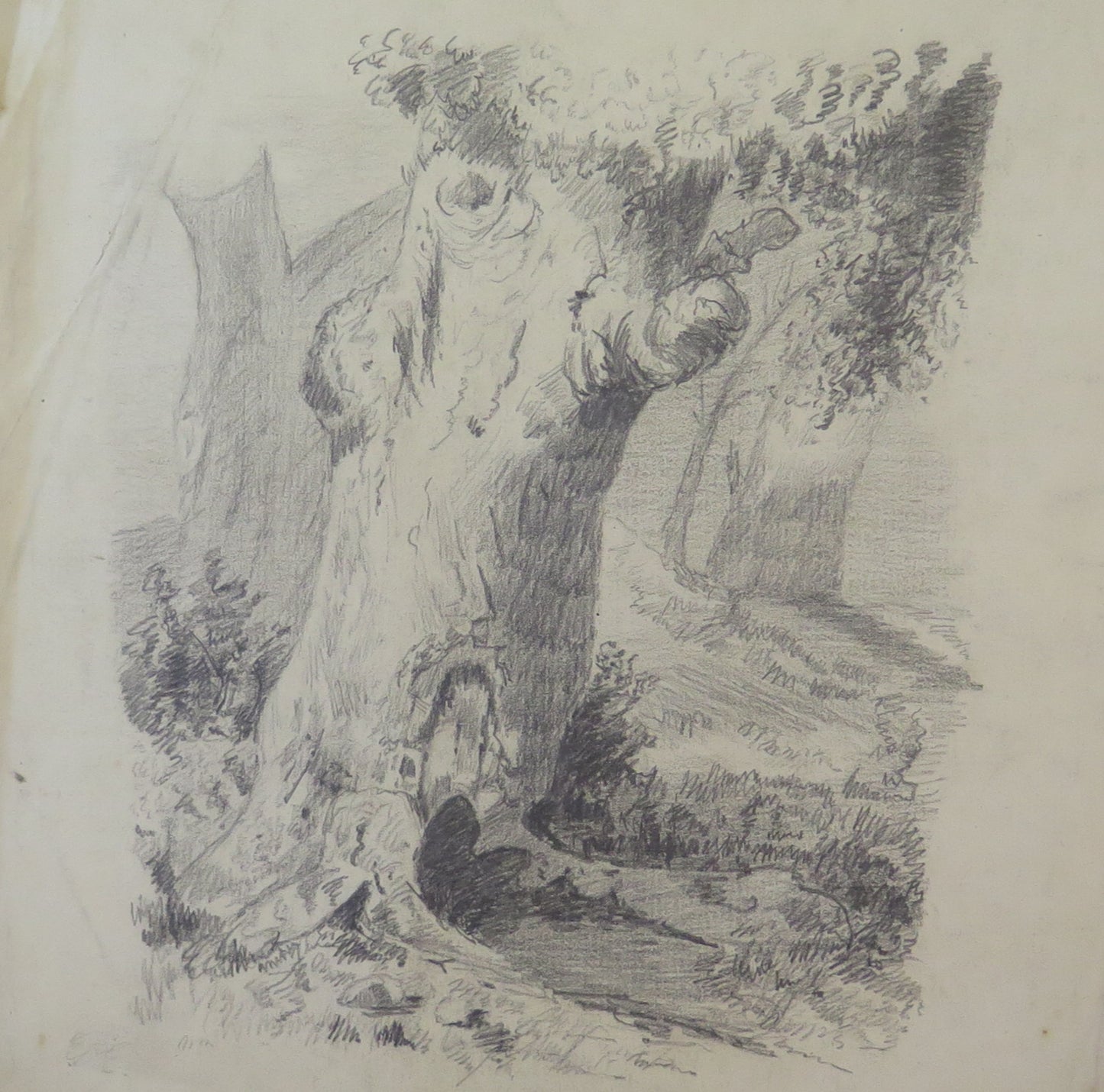 ANTIQUE DRAWING OF EXTRAORDINARY QUALITY WOODLAND LANDSCAPE PENCIL PAPER BM53.5b