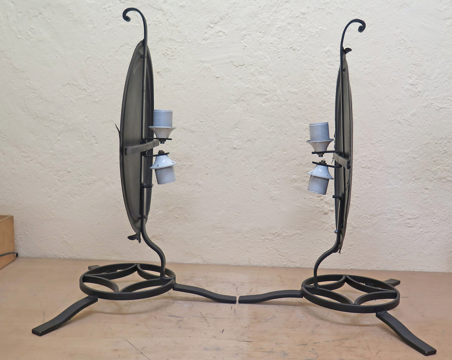 PAIR OF OLD WROUGHT IRON LAMPS WITH OVAL FLOOR SHIELD CH