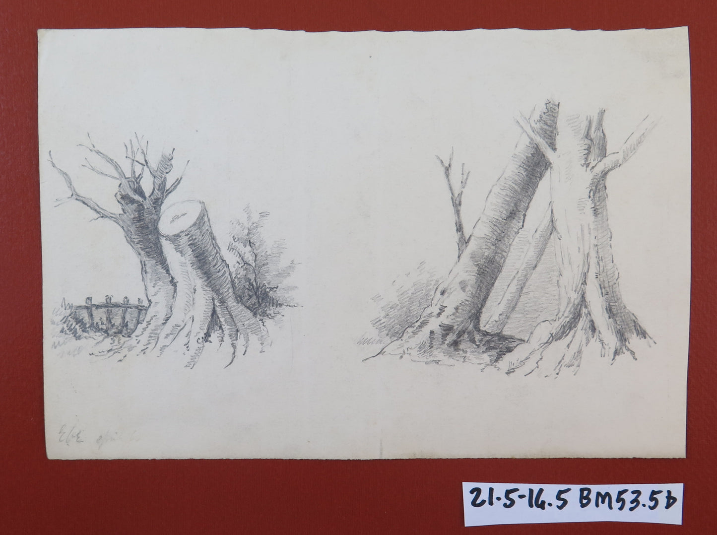 ANTIQUE PENCIL DRAWING ON PAPER CUT TREES IN THE COUNTRYSIDE SIGNED PAINTING BM53.5b