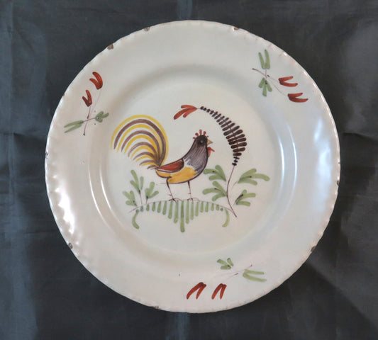 ANTIQUE FRENCH CERAMIC PLATE HAND PAINTED WITH ROOSTER AND FLOWERS BM25