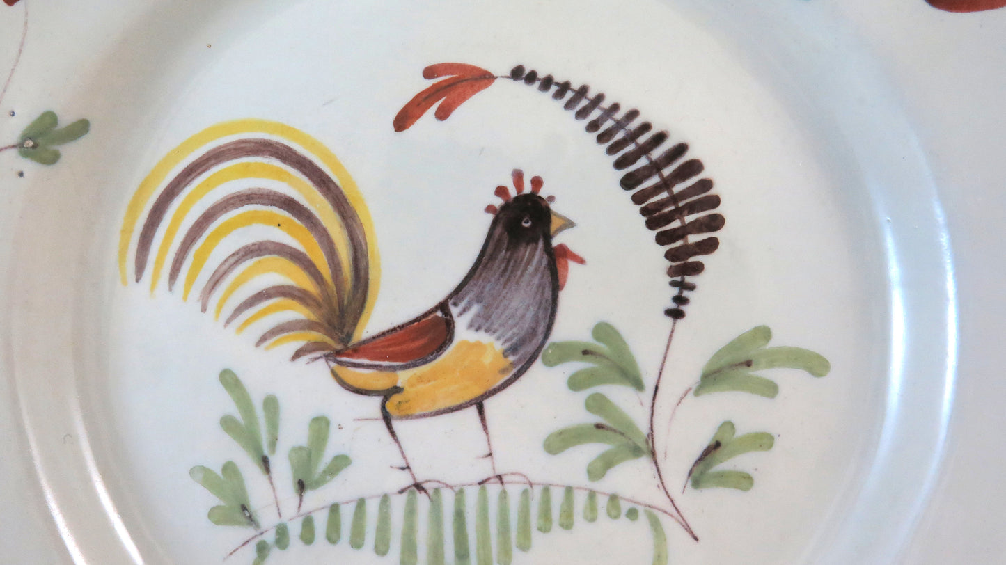 ANTIQUE FRENCH CERAMIC PLATE HAND PAINTED WITH ROOSTER AND FLOWERS BM25