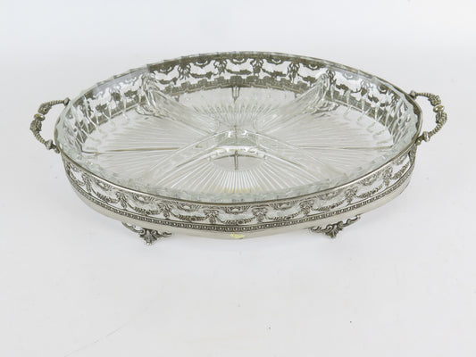 CENTERPIECE IN SILVER METAL AND CRYSTAL EARLY CENTURY PLATE TRAY VN8