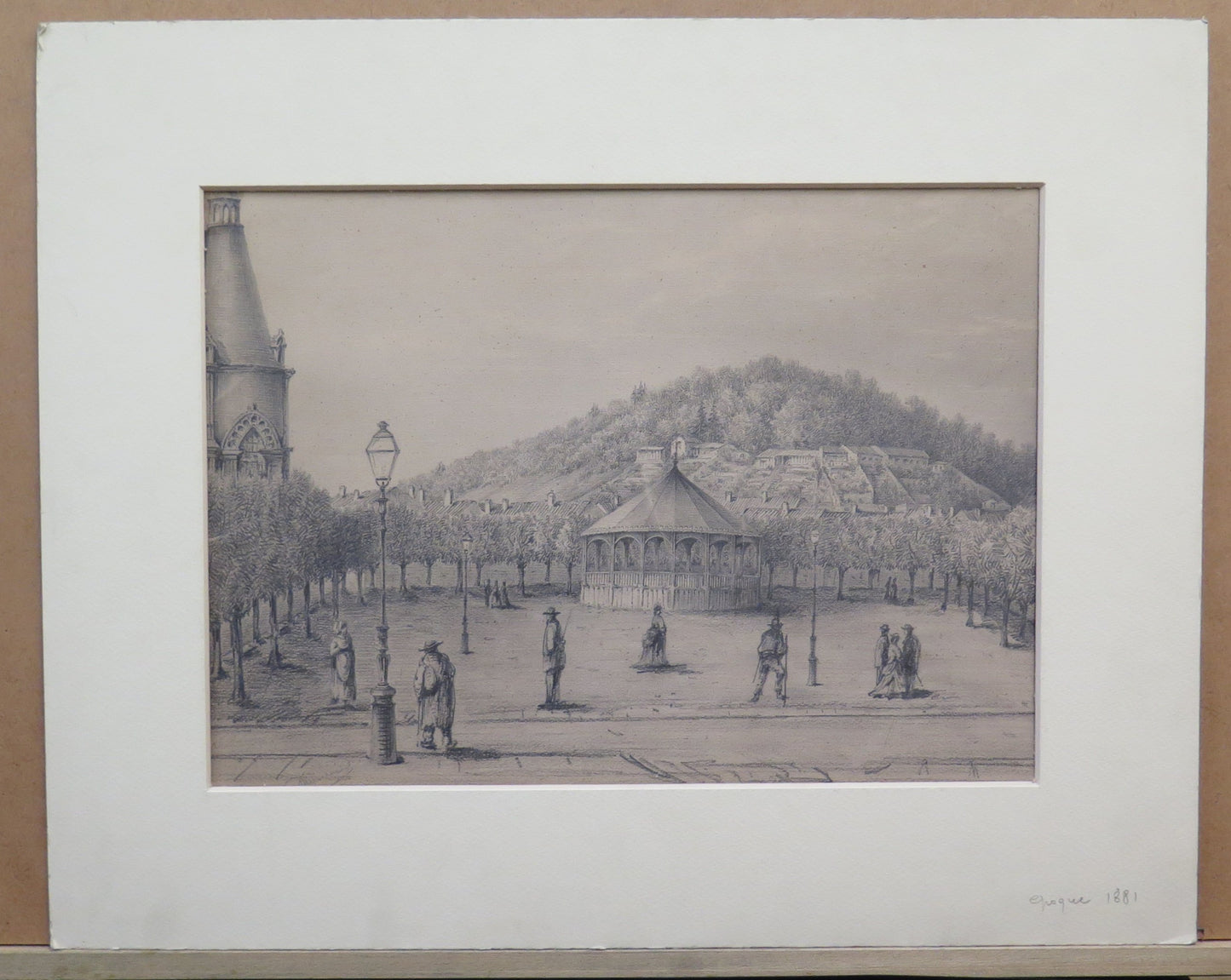 ANCIENT FRENCH SIGNED DRAWING CITY VIEW WITH CHARACTERS PAINTING BM53.2