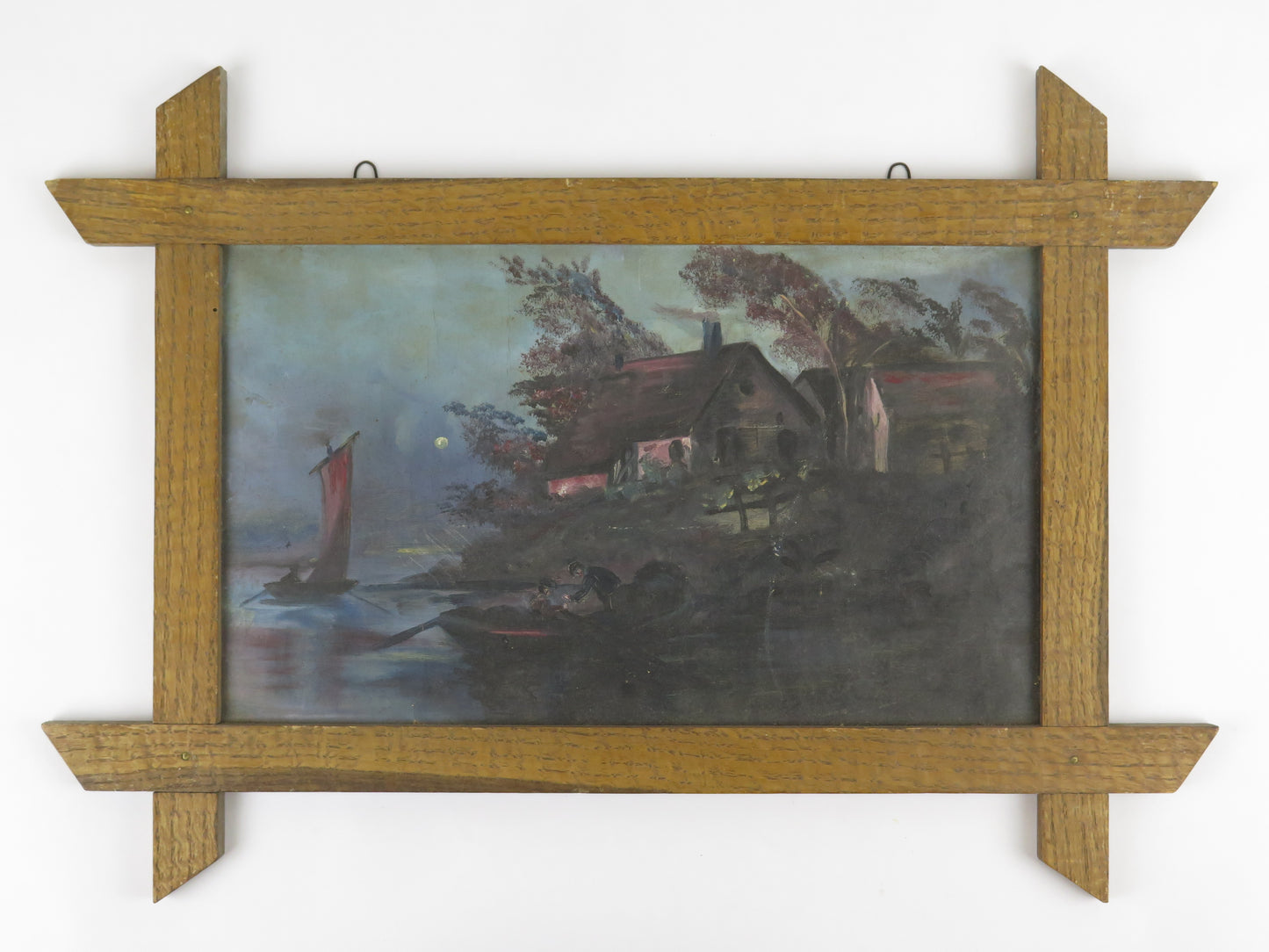 QUADRO ANTICO PAESAGGIO NOTTURNO VEDUTA LAGO LUNA NOTTE DIPINTO CON CORNICE X8