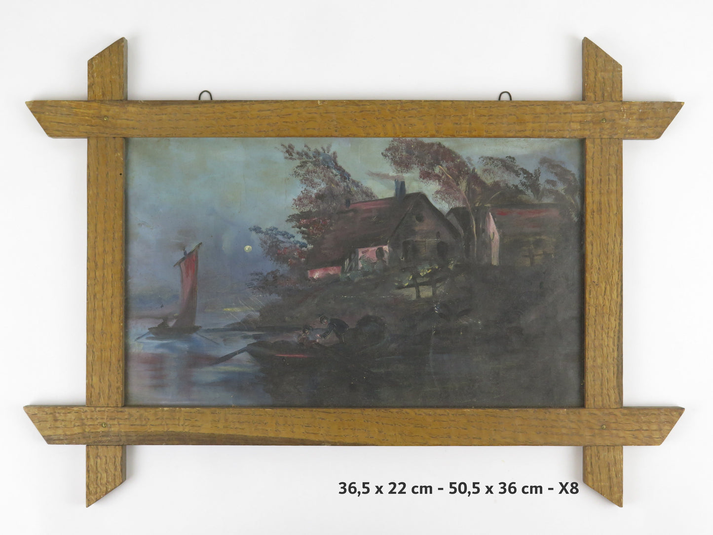 QUADRO ANTICO PAESAGGIO NOTTURNO VEDUTA LAGO LUNA NOTTE DIPINTO CON CORNICE X8