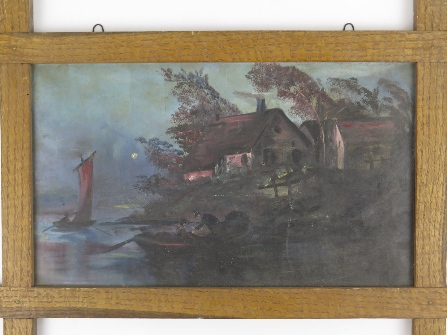 QUADRO ANTICO PAESAGGIO NOTTURNO VEDUTA LAGO LUNA NOTTE DIPINTO CON CORNICE X8