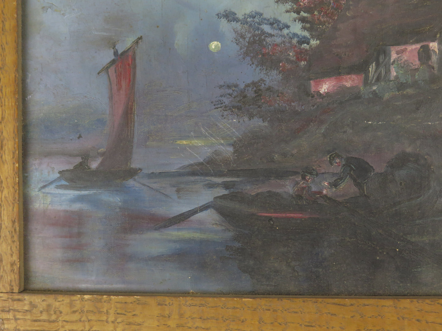 QUADRO ANTICO PAESAGGIO NOTTURNO VEDUTA LAGO LUNA NOTTE DIPINTO CON CORNICE X8