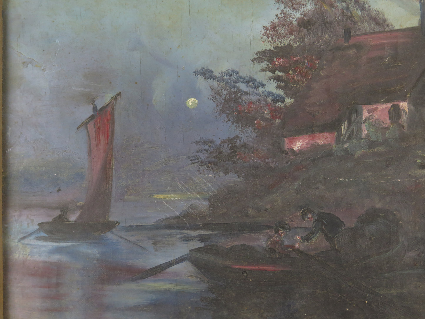 ANTIQUE PAINTING NIGHT LANDSCAPE LAKE MOON NIGHT PAINTING WITH FRAME X8