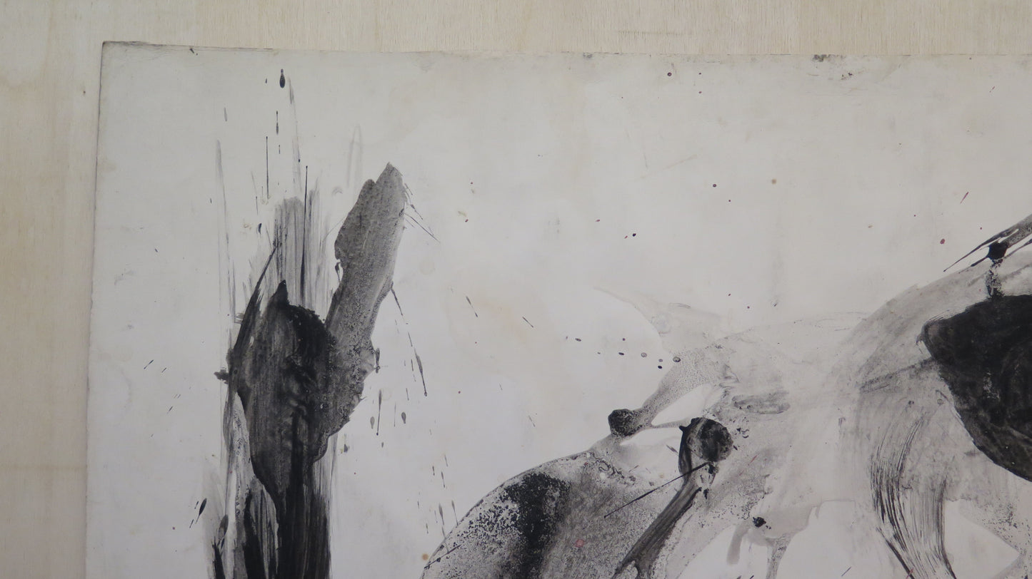 ABSTRACT PAINTING VINTAGE WATERCOLOR ON BLACK WHITE PAPER FRANCE MID 20TH CENTURY BM53.4