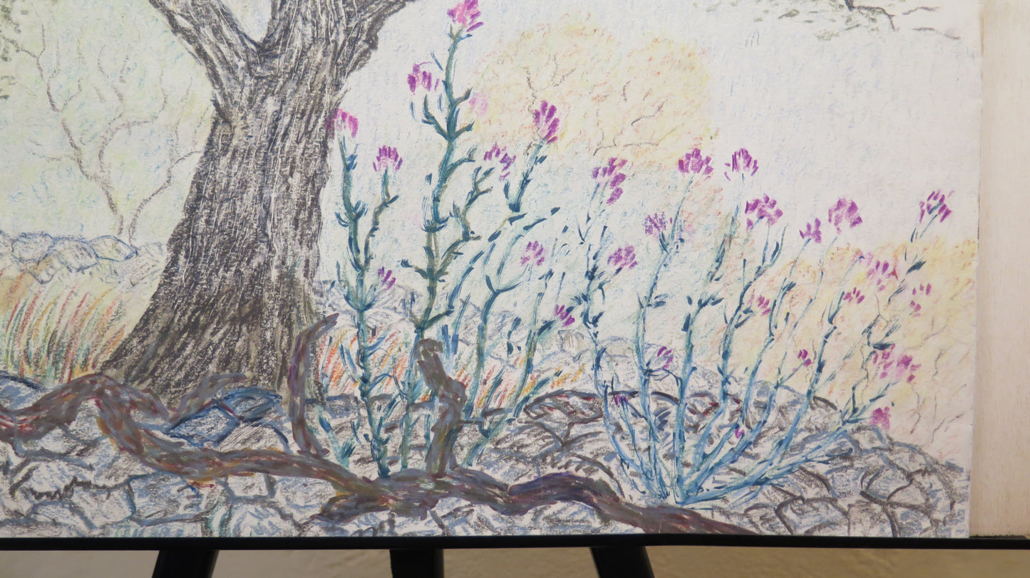 ANTIQUE DRAWING IN IMPRESSIONIST STYLE BEGINNING OF THE CENTURY LANDSCAPE TREES IN FLOWERING BM53.4