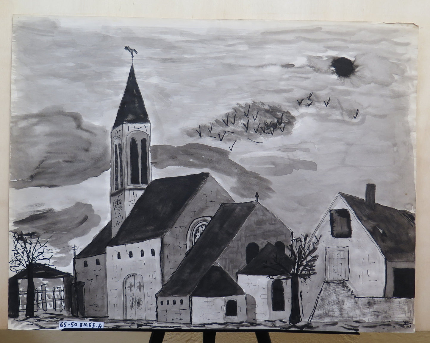 OLD WATERCOLOR PAINTING ON BLACK AND WHITE PAPER VIEW OF MATA ABBEY FRANCE 20TH CENTURY BM53.4