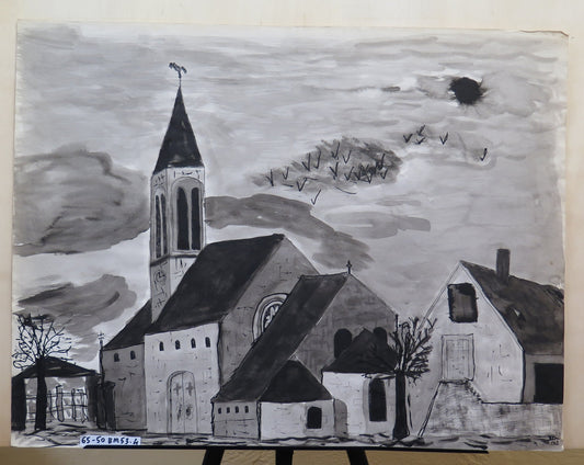 OLD WATERCOLOR PAINTING ON BLACK AND WHITE PAPER VIEW OF MATA ABBEY FRANCE 20TH CENTURY BM53.4