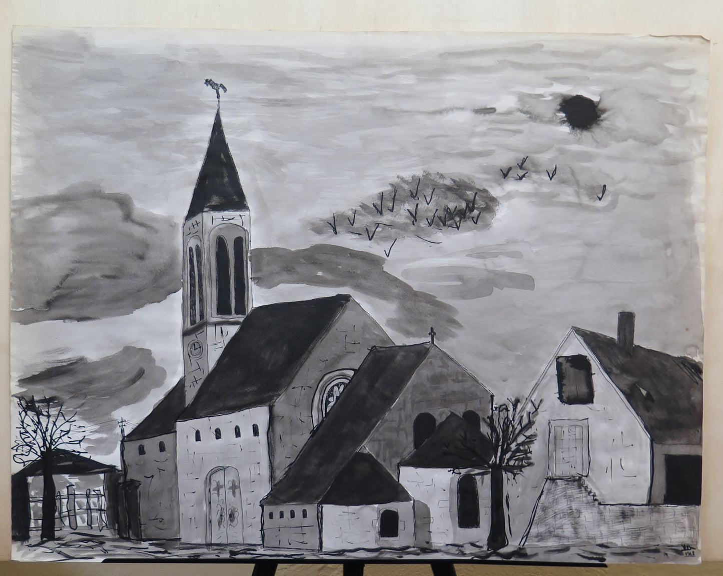 OLD WATERCOLOR PAINTING ON BLACK AND WHITE PAPER VIEW OF MATA ABBEY FRANCE 20TH CENTURY BM53.4