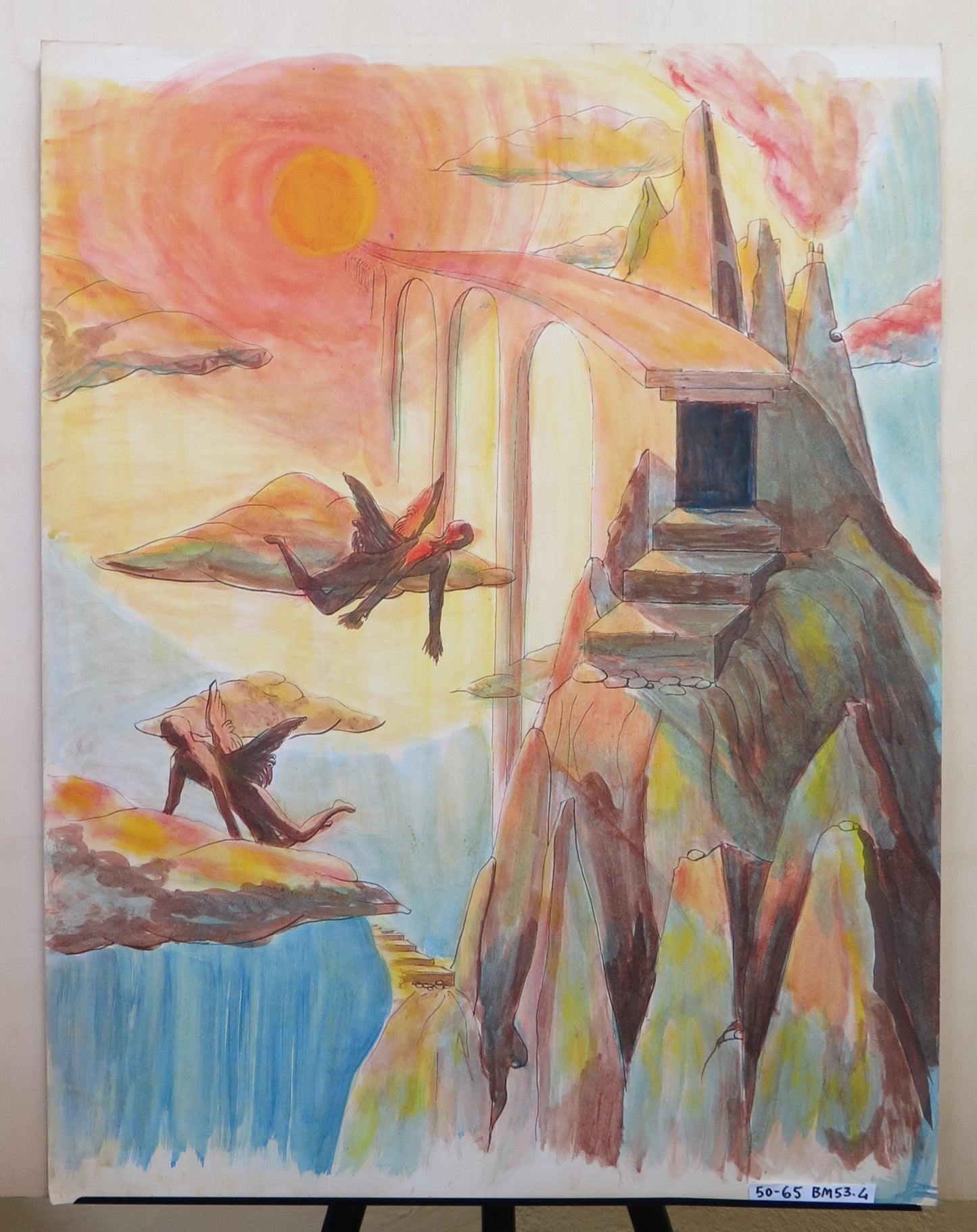 OLD PAINTING SIGNED ALAIN LUSSON SURREALIST PAINTING IN WATERCOLOR ON PAPER WITH ANGELS IN A DREAM LANDSCAPE BM53.4