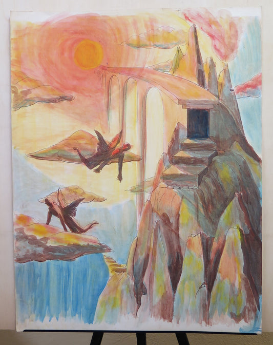 OLD PAINTING SIGNED ALAIN LUSSON SURREALIST PAINTING IN WATERCOLOR ON PAPER WITH ANGELS IN A DREAM LANDSCAPE BM53.4