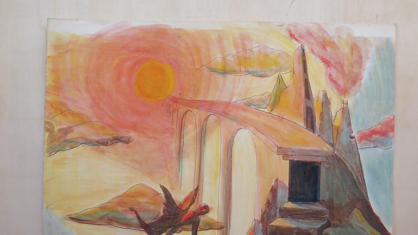 OLD PAINTING SIGNED ALAIN LUSSON SURREALIST PAINTING IN WATERCOLOR ON PAPER WITH ANGELS IN A DREAM LANDSCAPE BM53.4