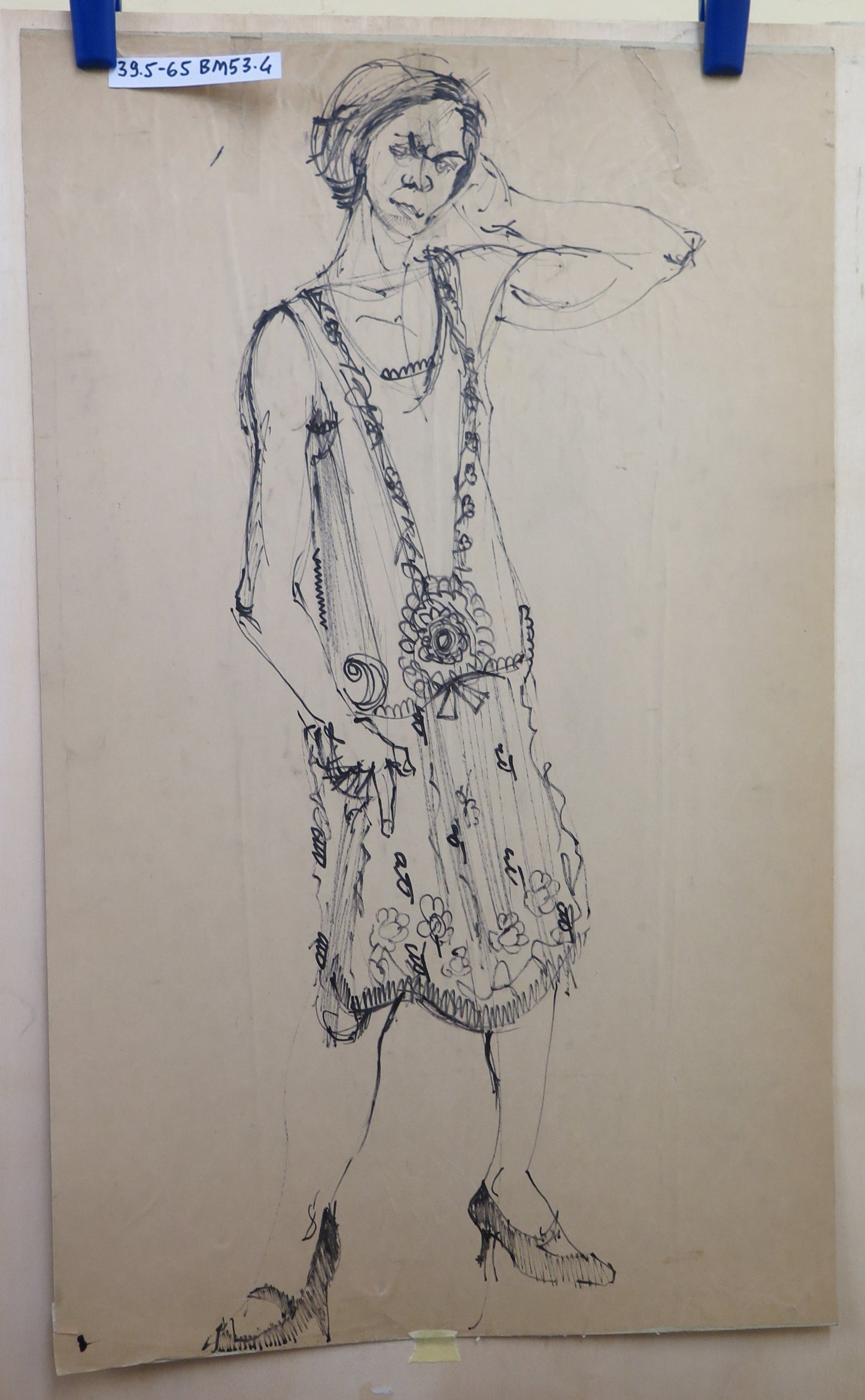 PORTRAIT OF A LADY LARGE DRAWING ON PAPER FULL FIGURE 1900s BM53.4