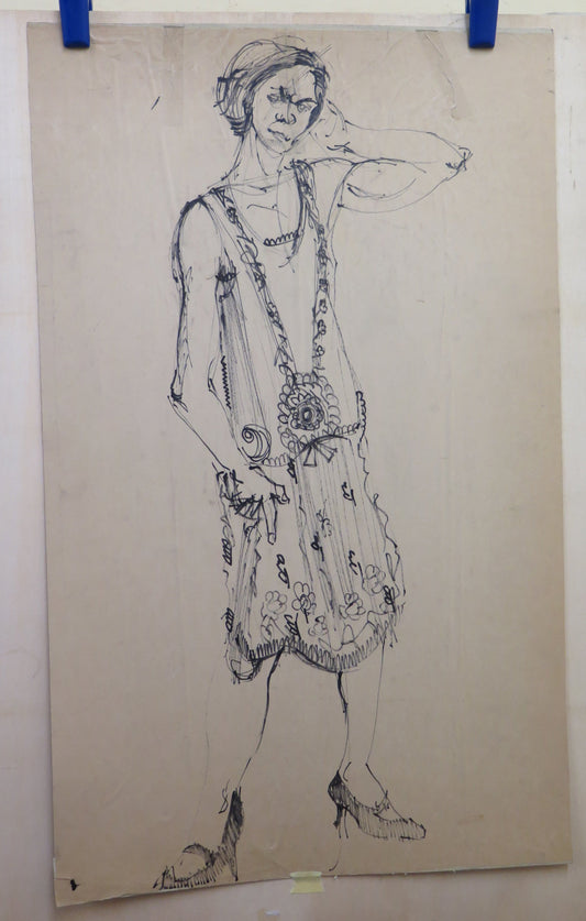 PORTRAIT OF A LADY LARGE DRAWING ON PAPER FULL FIGURE 1900s BM53.4