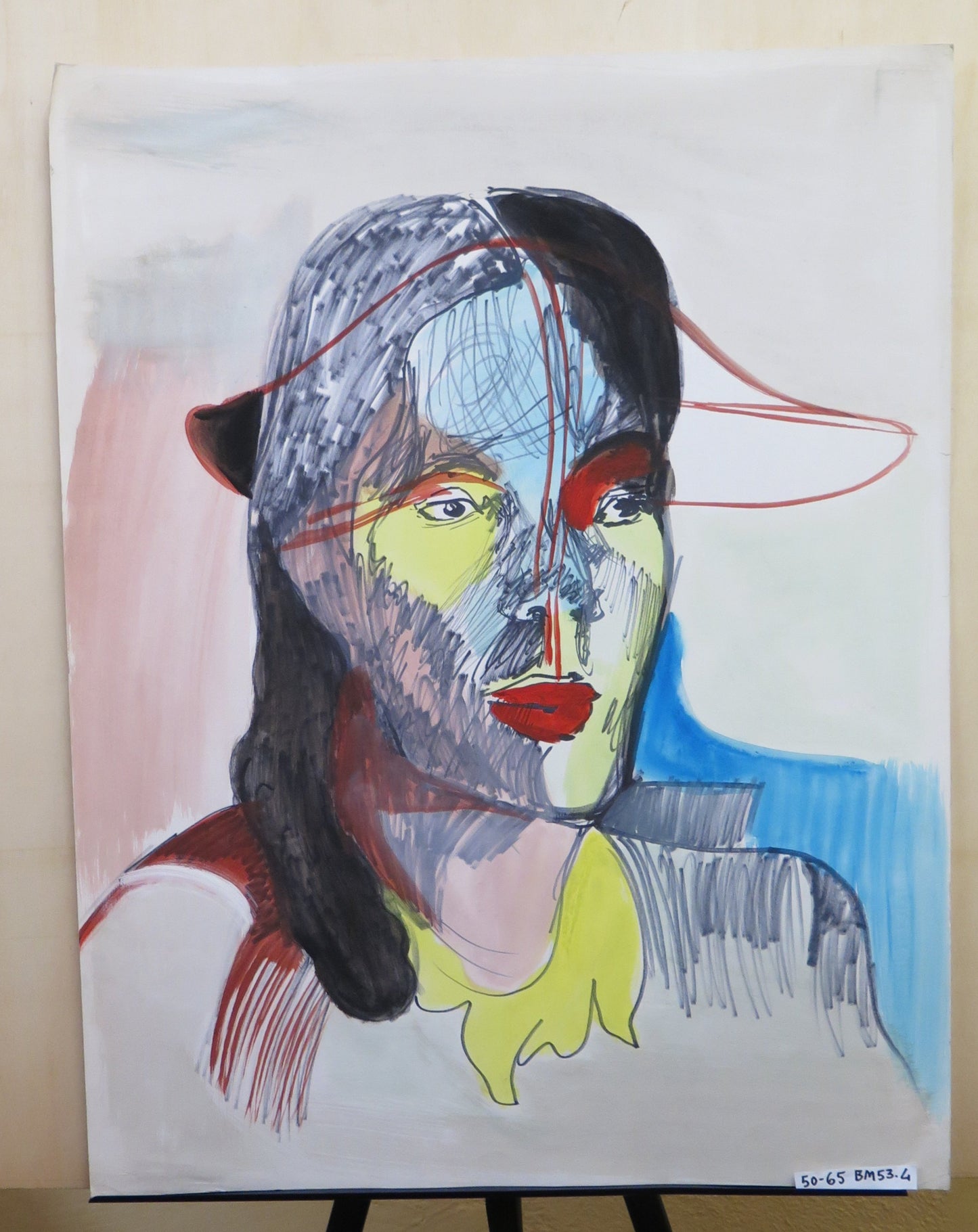 ACRYLIC FEMALE PORTRAIT ON PAPER FRANCE 1970s VINTAGE BM53.4