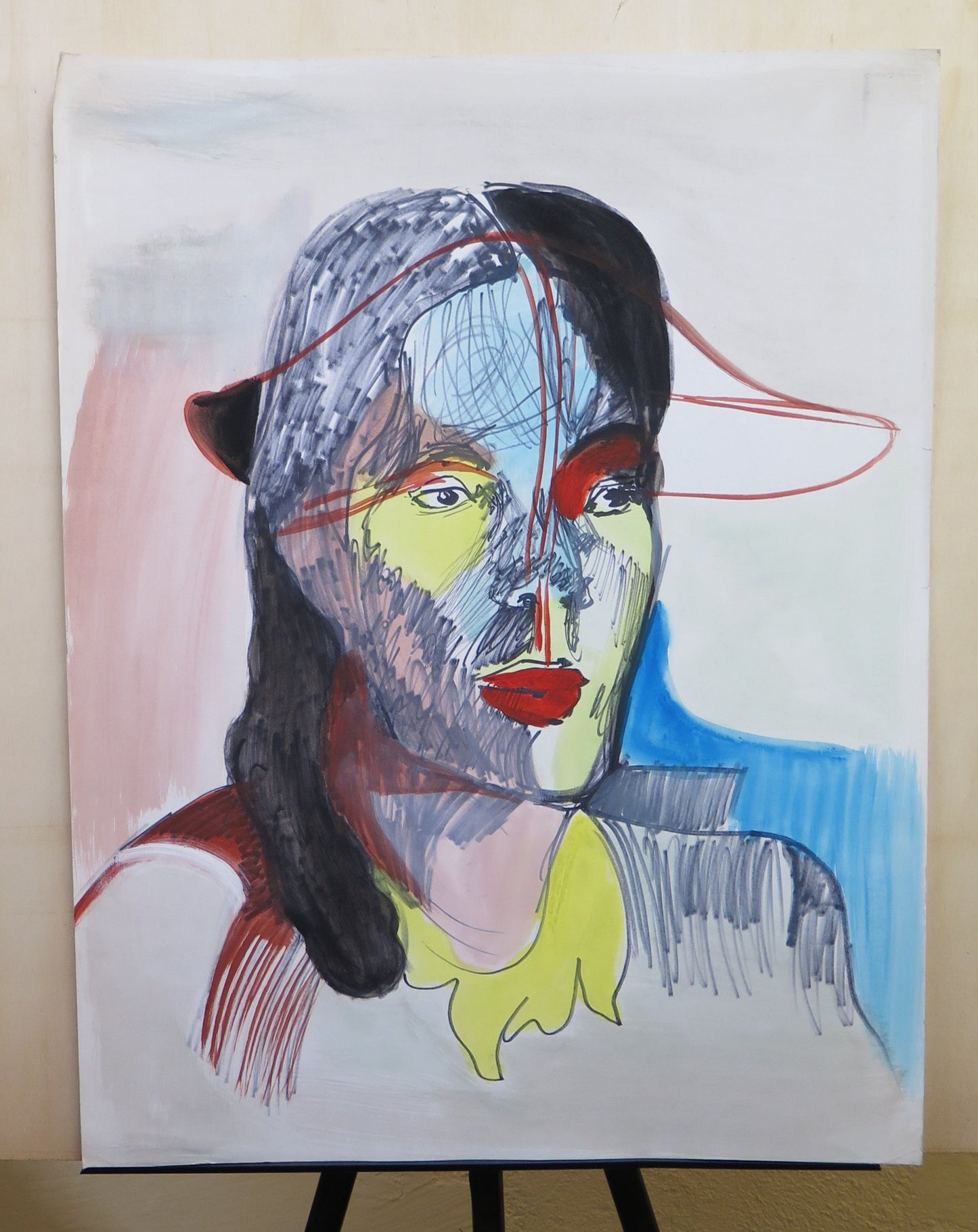 ACRYLIC FEMALE PORTRAIT ON PAPER FRANCE 1970s VINTAGE BM53.4