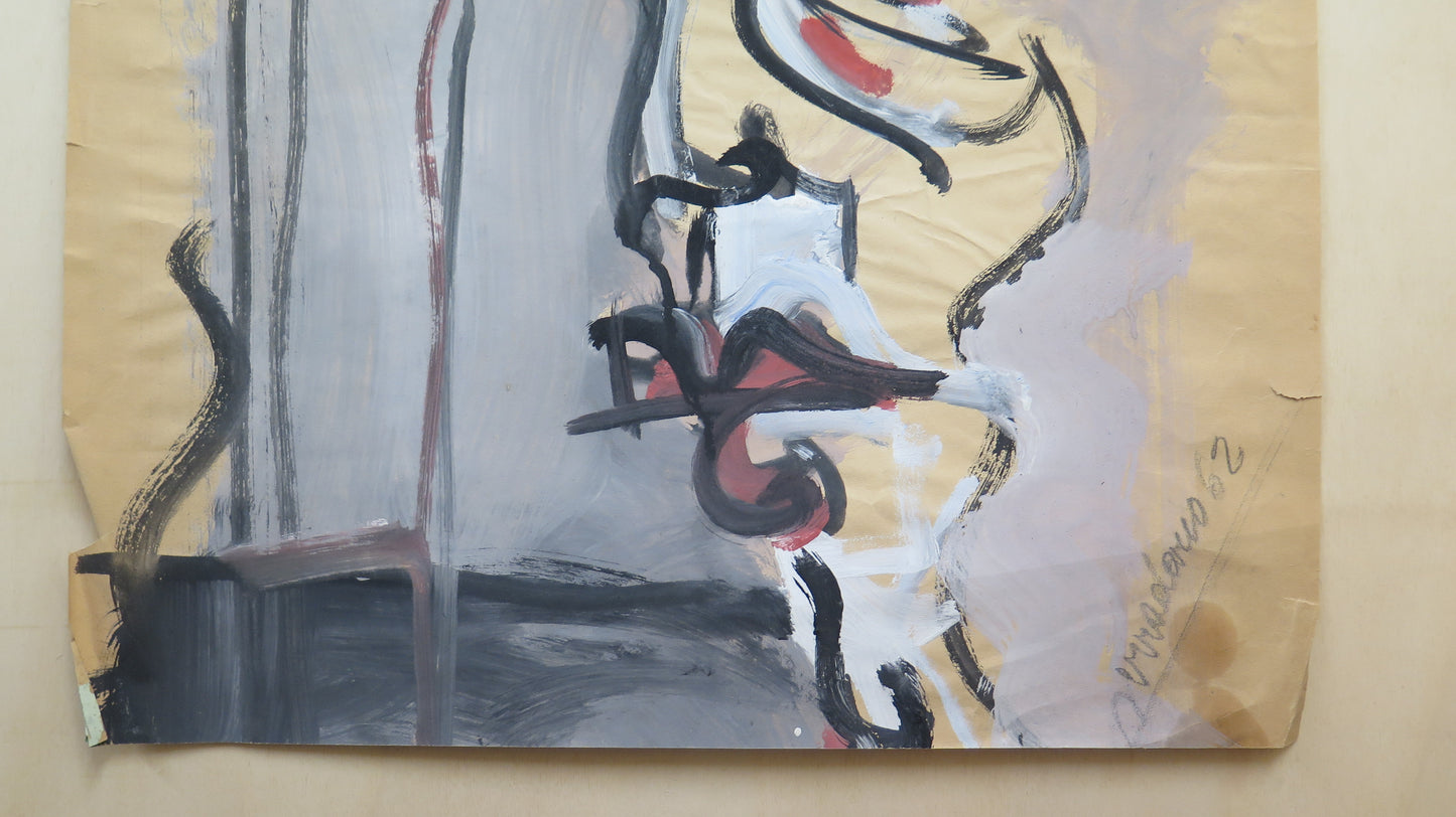 VINTAGE ABSTRACT PAINTING SIGNED AND DATED PAPER FRANCE 1960s BM53.4