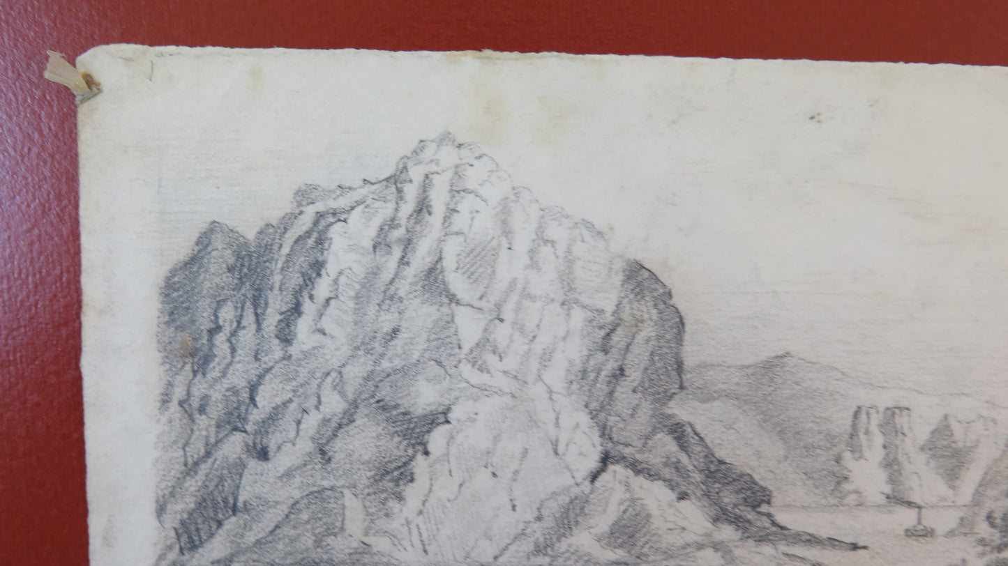 PAESAGGIO ALPINO LACUSTRE DISEGNO ANTICO ALPI MONTAGNE LAGO QUADRO BM53.5b