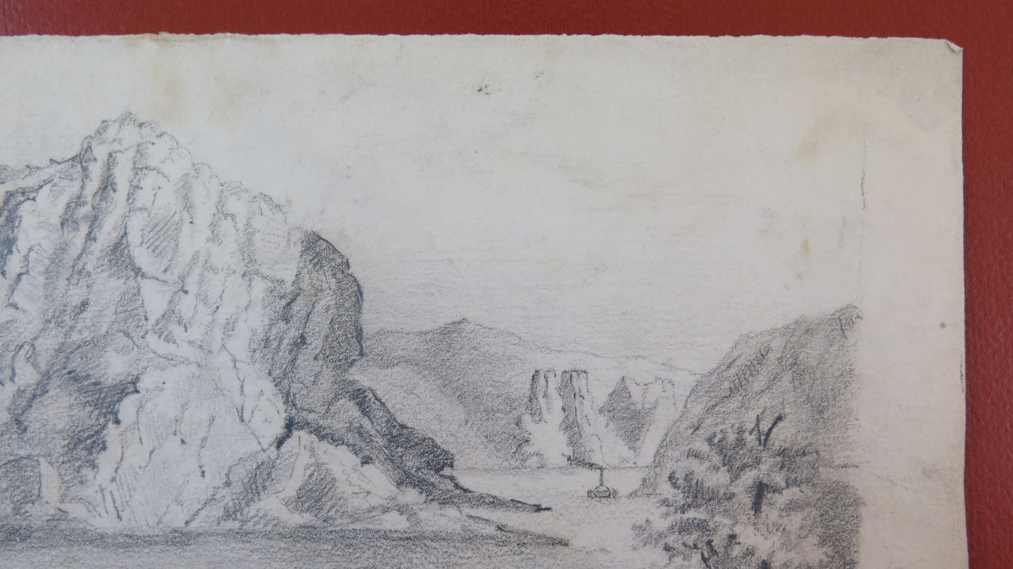 PAESAGGIO ALPINO LACUSTRE DISEGNO ANTICO ALPI MONTAGNE LAGO QUADRO BM53.5b