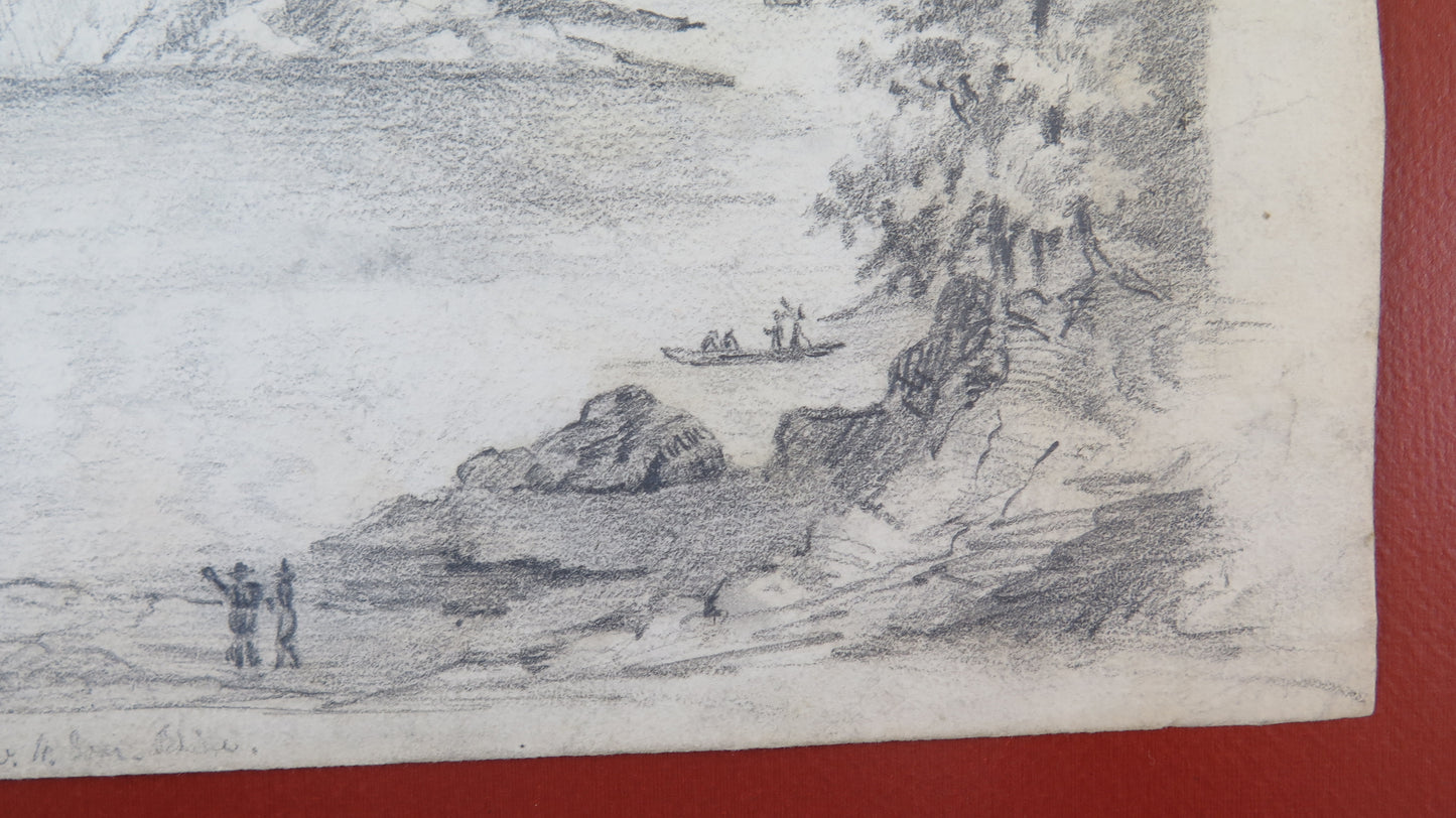 PAESAGGIO ALPINO LACUSTRE DISEGNO ANTICO ALPI MONTAGNE LAGO QUADRO BM53.5b