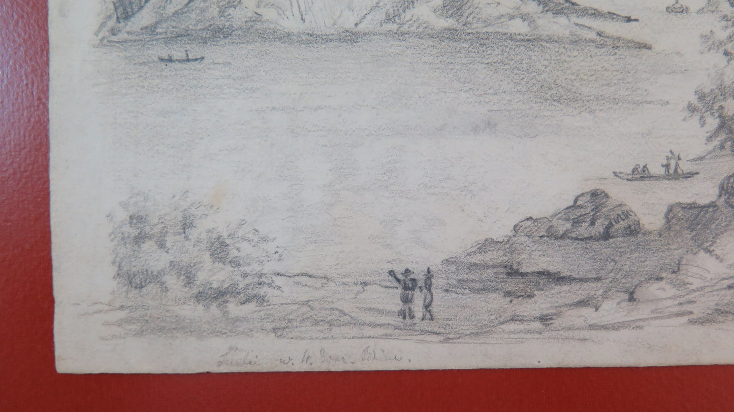 PAESAGGIO ALPINO LACUSTRE DISEGNO ANTICO ALPI MONTAGNE LAGO QUADRO BM53.5b