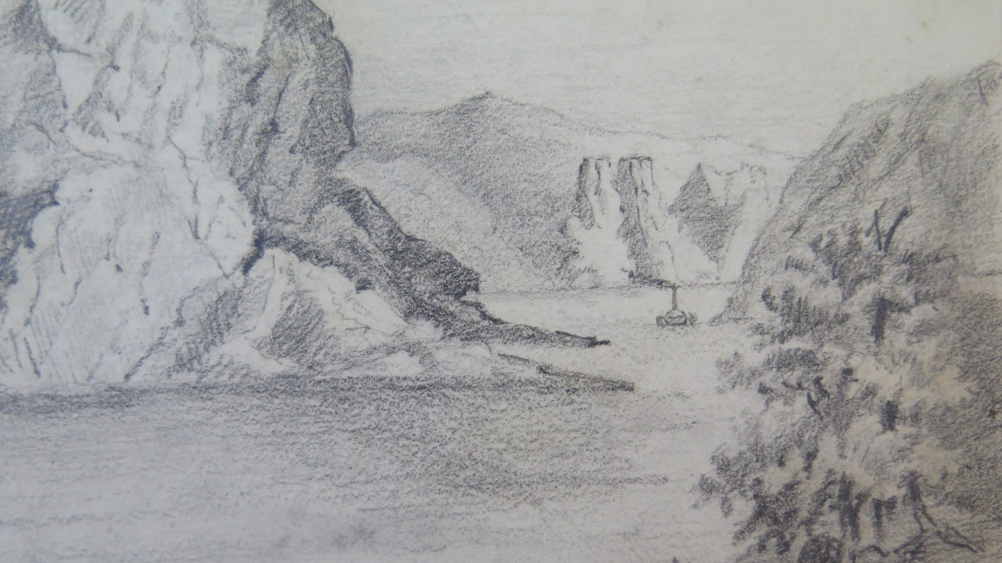 PAESAGGIO ALPINO LACUSTRE DISEGNO ANTICO ALPI MONTAGNE LAGO QUADRO BM53.5b