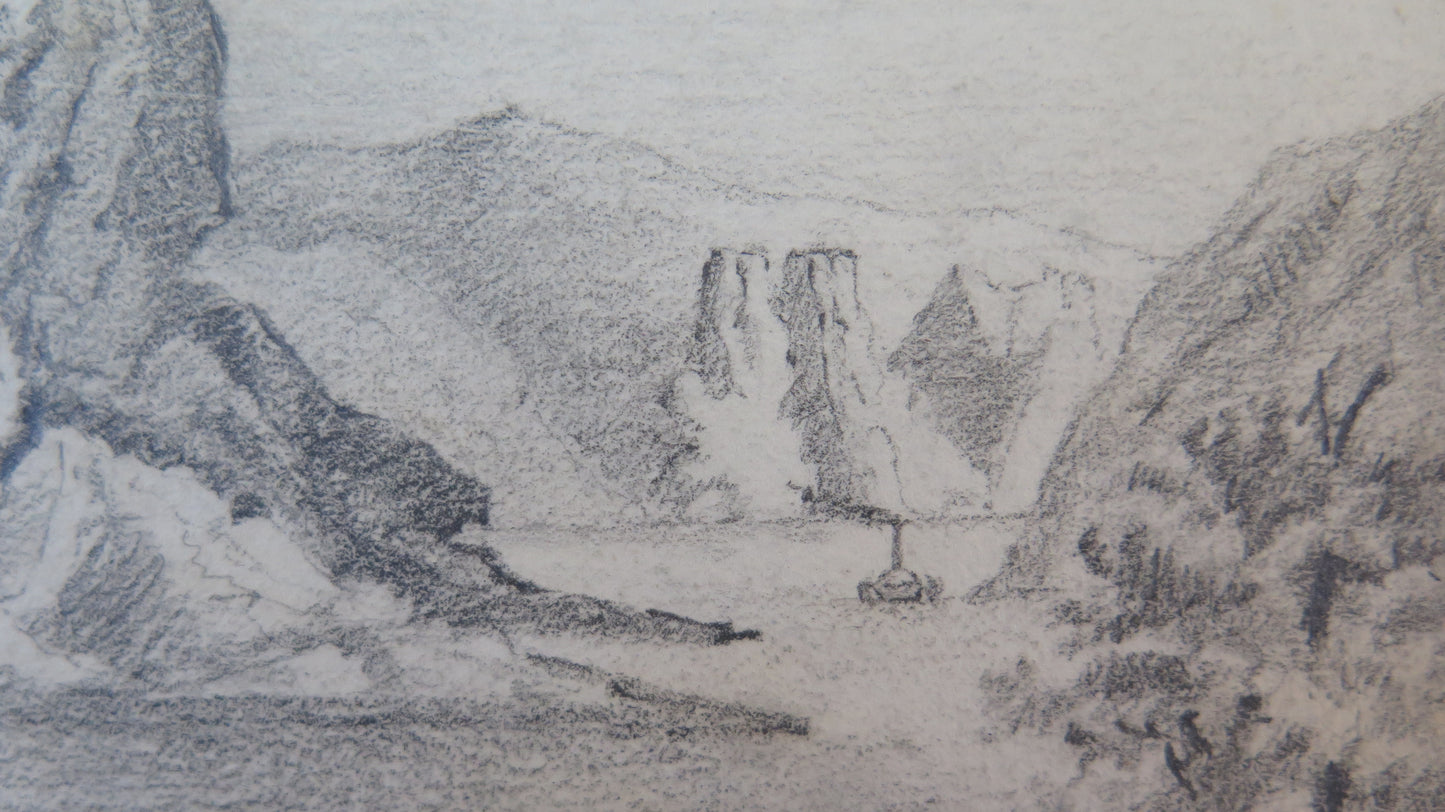 PAESAGGIO ALPINO LACUSTRE DISEGNO ANTICO ALPI MONTAGNE LAGO QUADRO BM53.5b