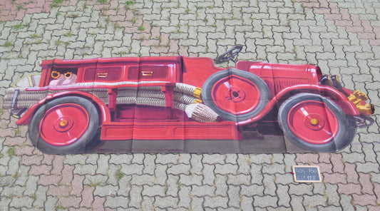405x150 cm LARGE ANTIQUE PAINTING SCENOGRAPHY THEATER FIRE TRUCK CARS CL1.128