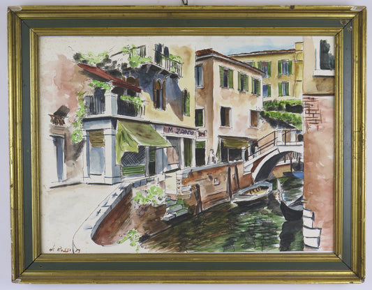 OLD PAINTING VIEW CANALS OF VENICE SIGNED DE ROSSI WATERCOLOR PAINTING X5