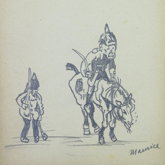 ANTIQUE PENCIL DRAWING ON PAPER SIGNED HUMORISTIC THEME SOLDIERS ON HORSE BM53.5C