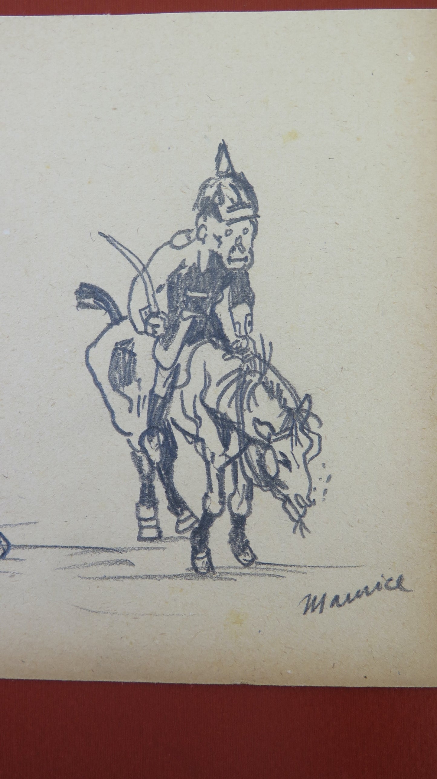 ANTIQUE PENCIL DRAWING ON PAPER SIGNED HUMORISTIC THEME SOLDIERS ON HORSE BM53.5C