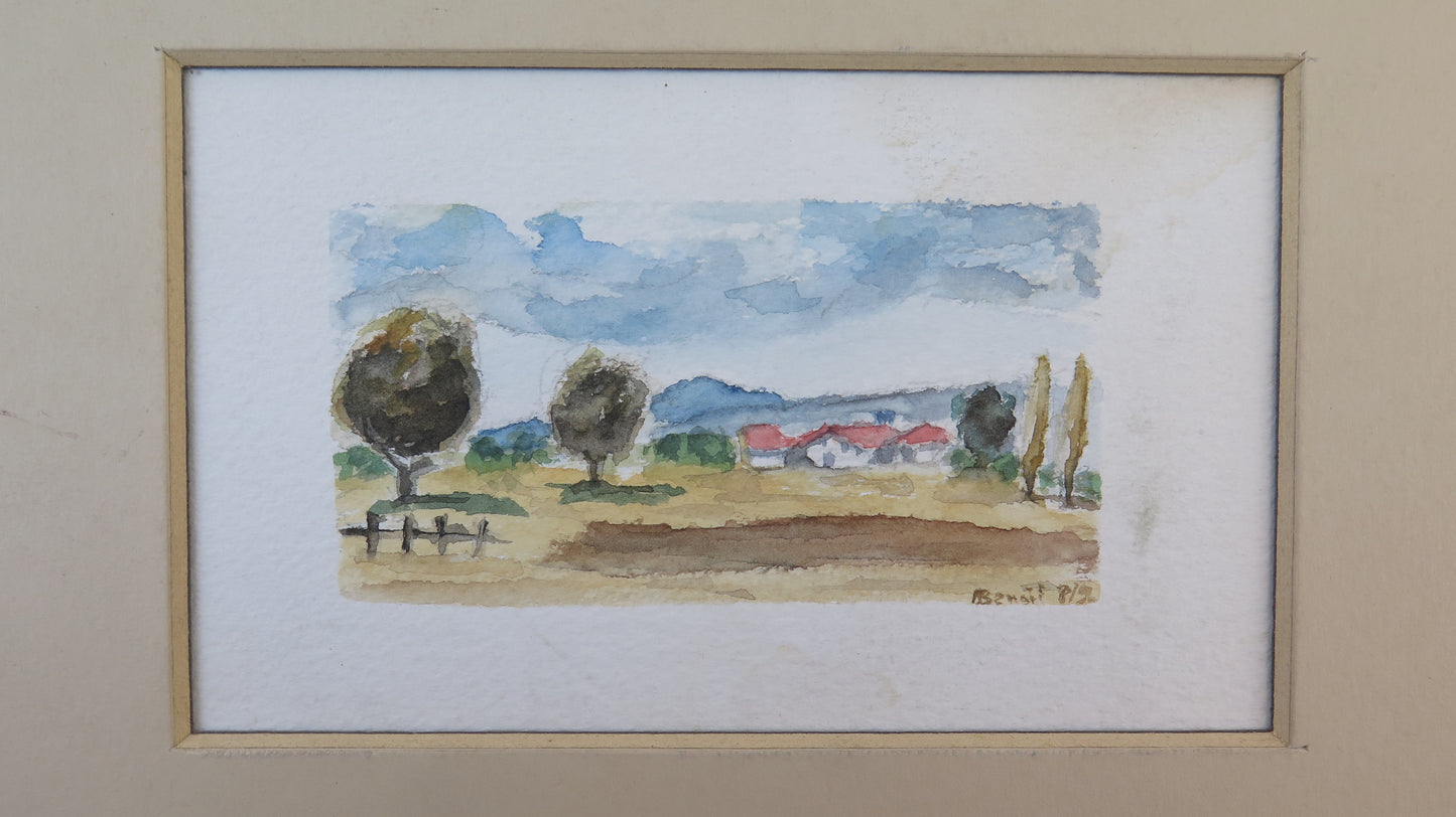 OLD WATERCOLOR PAINTING ON PAPER FRENCH COUNTRYSIDE LANDSCAPE SIGNED BM53.5D