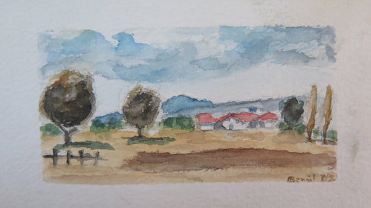 OLD WATERCOLOR PAINTING ON PAPER FRENCH COUNTRYSIDE LANDSCAPE SIGNED BM53.5D