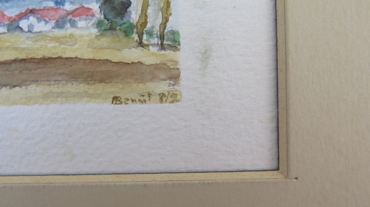 OLD WATERCOLOR PAINTING ON PAPER FRENCH COUNTRYSIDE LANDSCAPE SIGNED BM53.5D