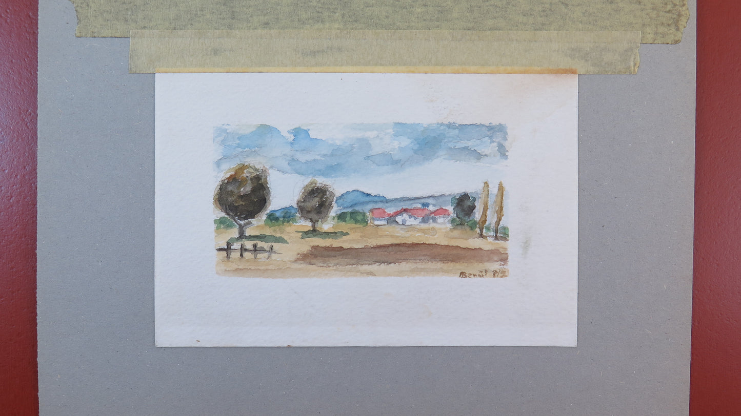 OLD WATERCOLOR PAINTING ON PAPER FRENCH COUNTRYSIDE LANDSCAPE SIGNED BM53.5D