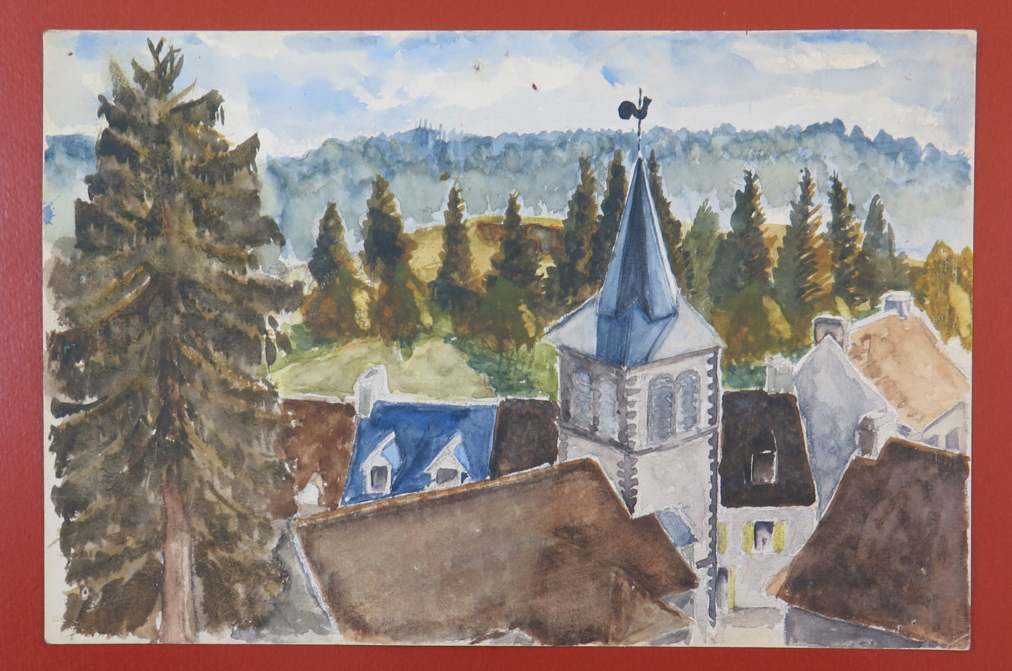 ANTIQUE WATERCOLOR PAINTING VIEW OF AN ALPINE TOWN FRANCE 1900 BM53.5D