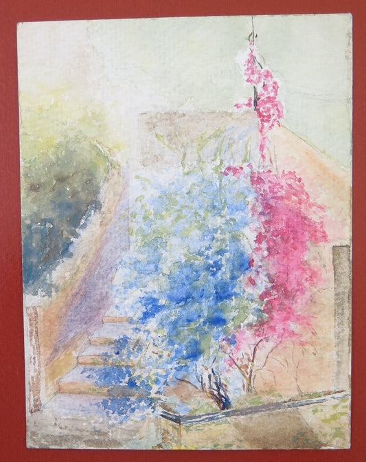 OLD WATERCOLOR PAINTING VIEW FROM THE WINDOW IN SPRING VINTAGE BM53.5D
