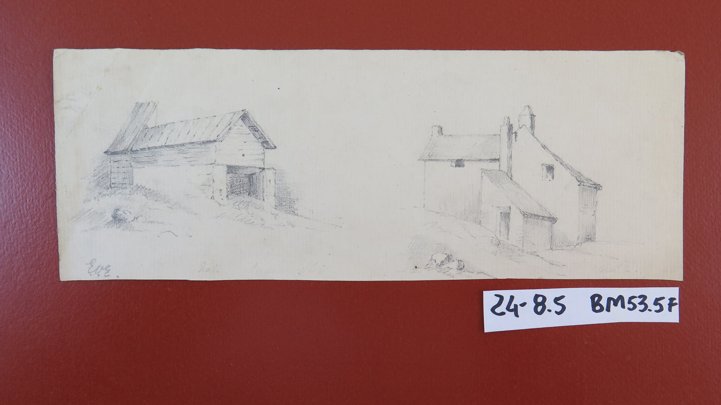 ANTIQUE DRAWING PENCIL ON PAPER SIGNED HOUSES BUILDINGS COUNTRYSIDE FRANCE BM53.5F