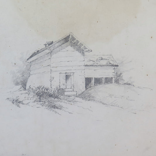 ANTIQUE DRAWING PENCIL ON PAPER HOUSES BUILDINGS COUNTRYSIDE FRANCE 1900s BM53.5F