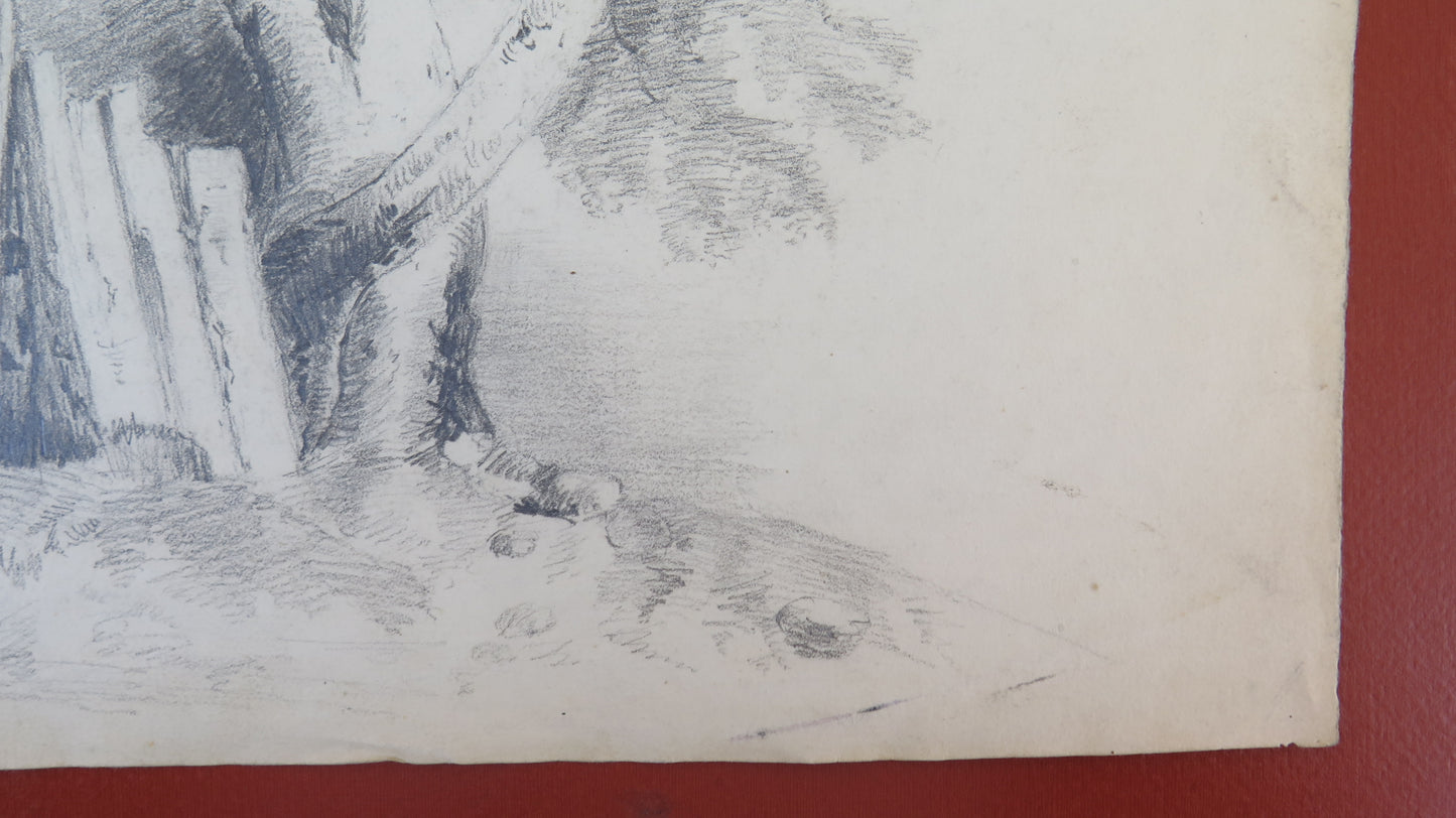 DISEGNO ANTICO MATITA SU CARTA FIRMATO PAESAGGIO BOSCO FRANCIA PRIMO 900 BM53.5F