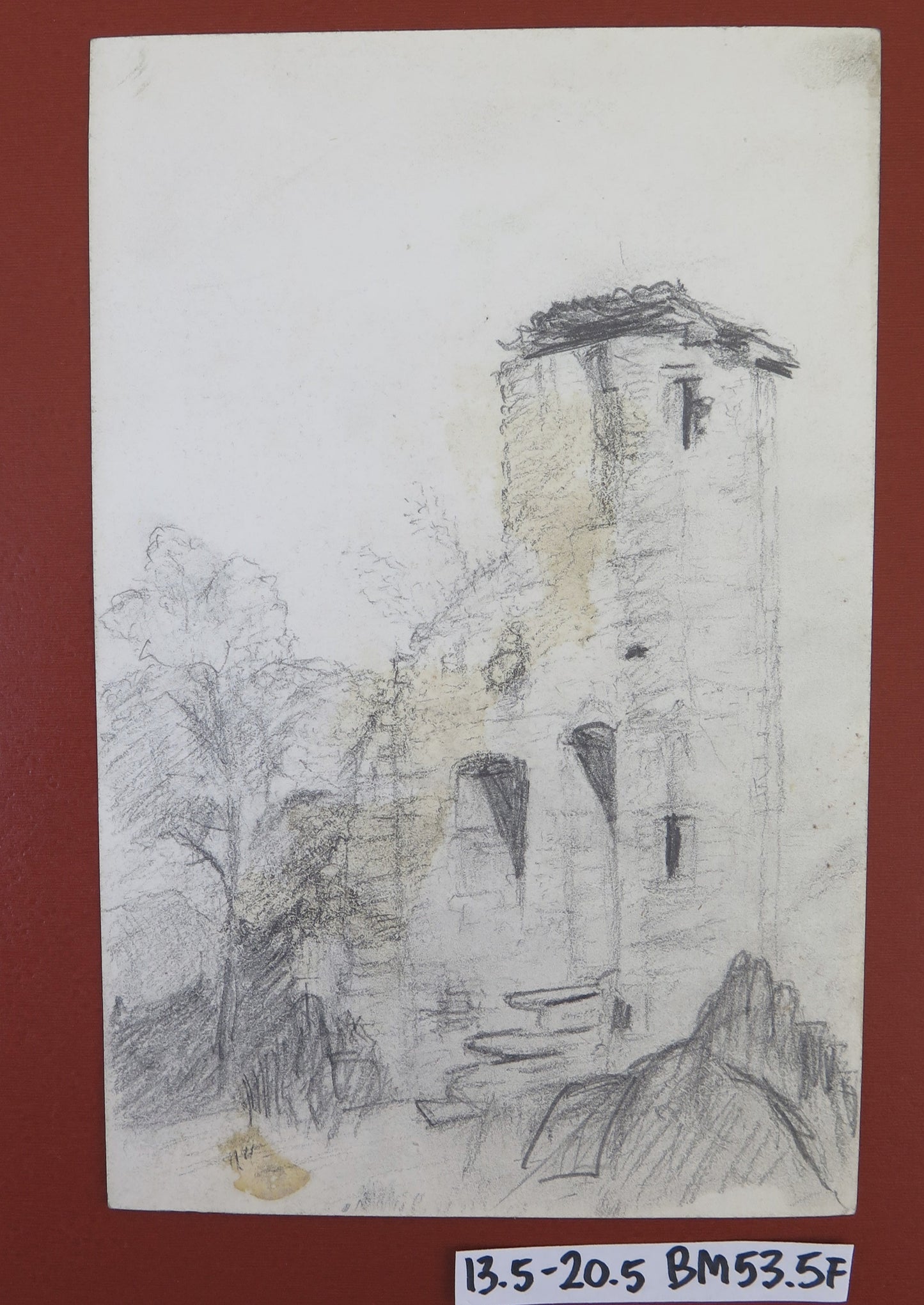 ANTIQUE PENCIL DRAWING ON PAPER VIEW OF RUINED CASTLE LANDSCAPE BM53.5F