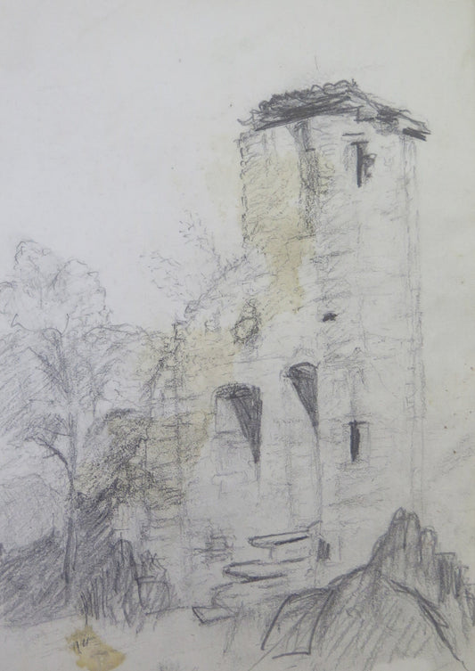 ANTIQUE PENCIL DRAWING ON PAPER VIEW OF RUINED CASTLE LANDSCAPE BM53.5F