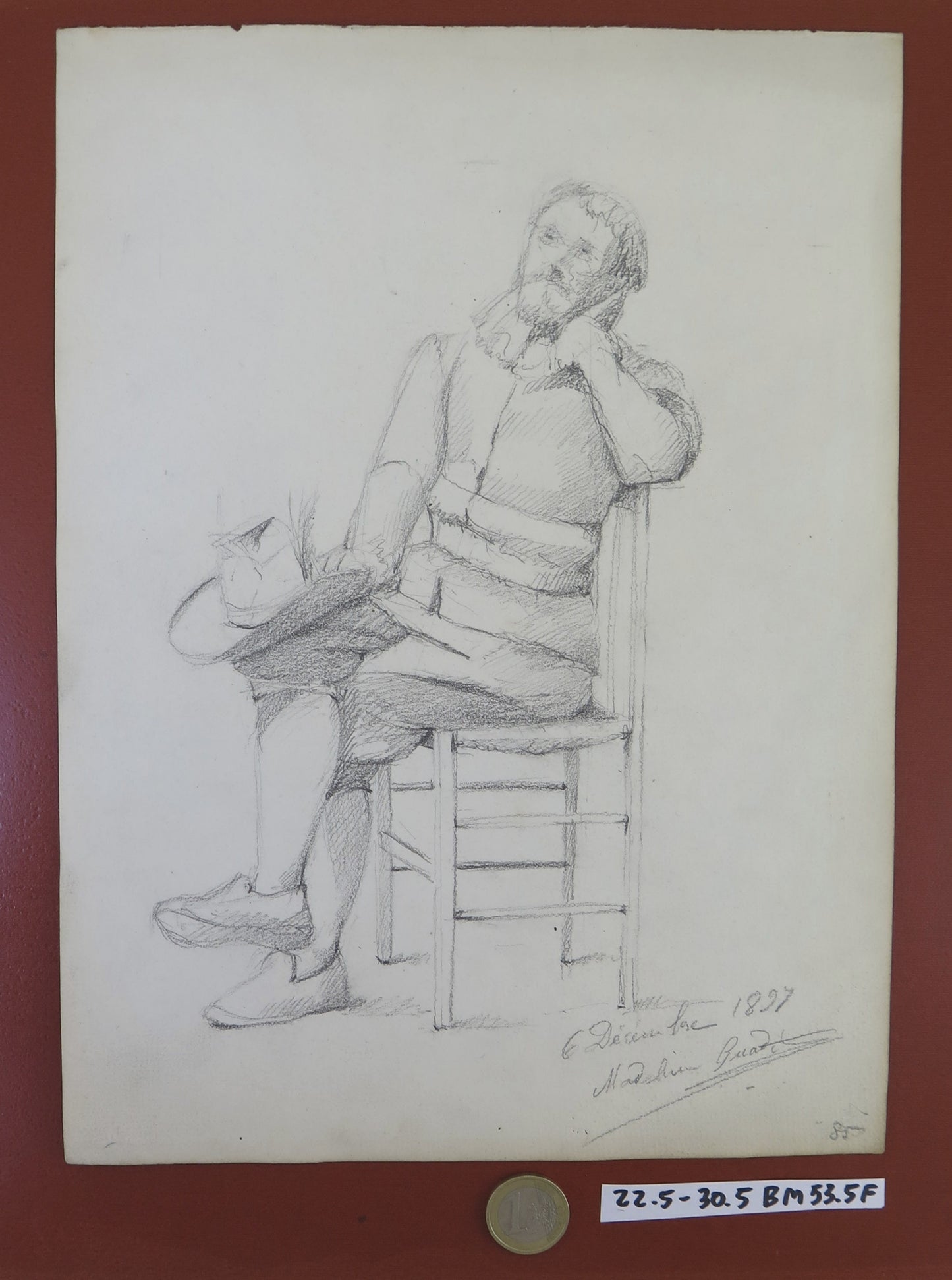 ANTIQUE PORTRAIT DRAWING OF A MAN IN COSTUME SIGNED AND DATED 1897 PENCIL BM53.5F