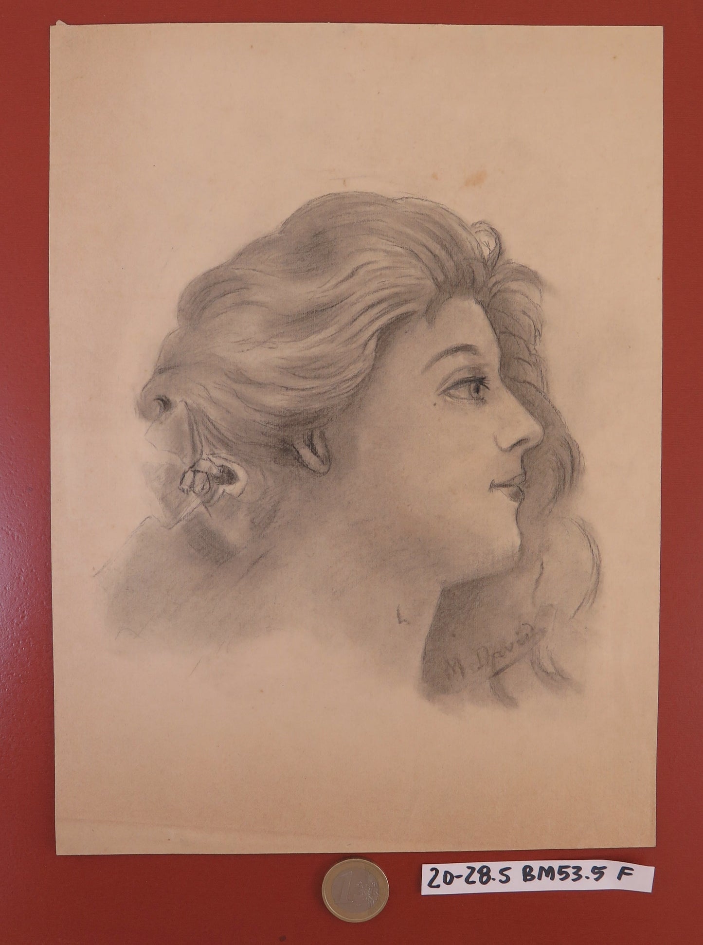 ANTIQUE DRAWING PORTRAIT OF A YOUNG WOMAN SIGNED PENCIL ON PAPER '900 BM53.5F