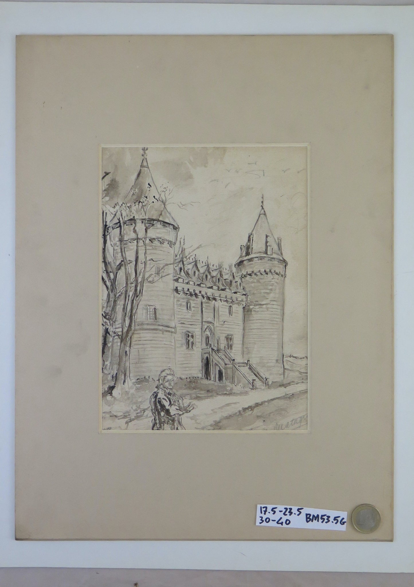 ANTIQUE PAINTING WATERCOLOR PAINTING VIEW OF CASTLE FRANCE BEGINNING OF THE CENTURY BM53.5G